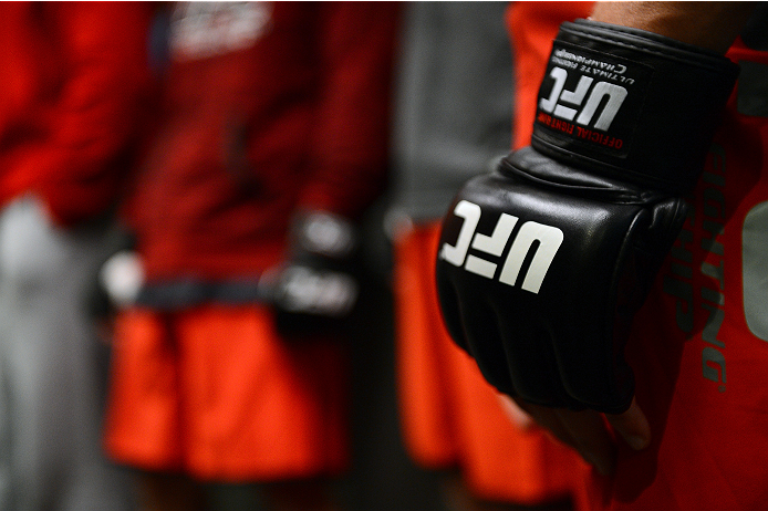 LAS VEGAS, NV - OCTOBER 16: A detail shot of a UFC glove during filming of season nineteen of The Ultimate Fighter on October 16, 2013 in Las Vegas, Nevada. (Photo by Al Powers/Zuffa LLC/Zuffa LLC via Getty Images) *** Local Caption ***