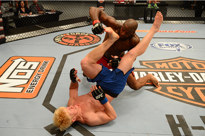 LAS VEGAS, NV - OCTOBER 16: (R-L) Eddie Gordon punches Matt Gabel in their elimination fight during filming of season nineteen of The Ultimate Fighter on October 16, 2013 in Las Vegas, Nevada. (Photo by Al Powers/Zuffa LLC/Zuffa LLC via Getty Images) ***