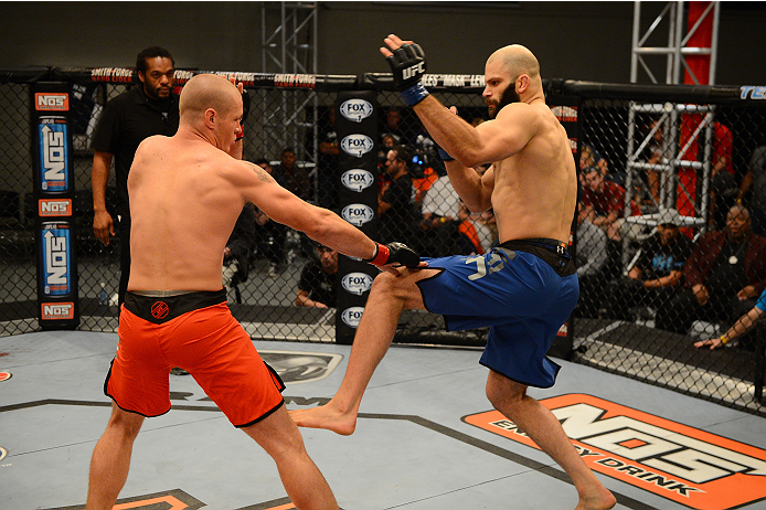 LAS VEGAS, NV - OCTOBER 16: (L-R) Daniel Spohn blocks an attack from Tyler King in their elimination fight during filming of season nineteen of The Ultimate Fighter on October 16, 2013 in Las Vegas, Nevada. (Photo by Al Powers/Zuffa LLC/Zuffa LLC via Get