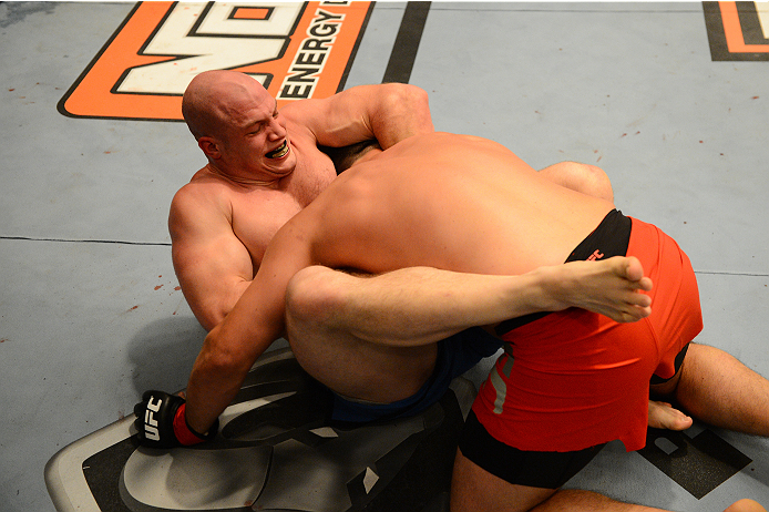 LAS VEGAS, NV - OCTOBER 16: (L-R) Doug Sparks attempts to submit Patrick Walsh in their elimination fight during filming of season nineteen of The Ultimate Fighter on October 16, 2013 in Las Vegas, Nevada. (Photo by Al Powers/Zuffa LLC/Zuffa LLC via Gett