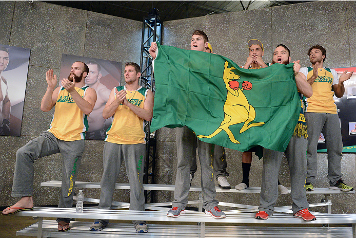 LACHUTE, CANADA - NOVEMBER 5: Team Australia cheers on fighter Zein Saliba takes on Team Canada fighter Elias Theodorou in their middleweight bout during filming of The Ultimate Fighter Nations television series on November 5, 2013 in Lachute, Quebec, Ca