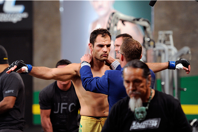 LACHUTE, CANADA - NOVEMBER 5: Team Australia fighter Zein Saliba enters the gym before taking on Team Canada fighter Elias Theodorou in their middleweight bout during filming of The Ultimate Fighter Nations television series on November 5, 2013 in Lachut