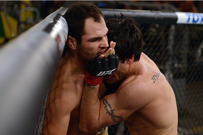 LACHUTE, CANADA - NOVEMBER 5: (L-R) Team Australia fighter Zein Saliba takes on Team Canada fighter Elias Theodorou in their middleweight bout during filming of The Ultimate Fighter Nations television series on November 5, 2013 in Lachute, Quebec, Canada