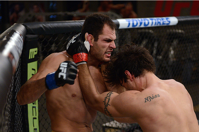 LACHUTE, CANADA - NOVEMBER 5: (L-R) Team Australia fighter Zein Saliba takes on Team Canada fighter Elias Theodorou in their middleweight bout during filming of The Ultimate Fighter Nations television series on November 5, 2013 in Lachute, Quebec, Canada
