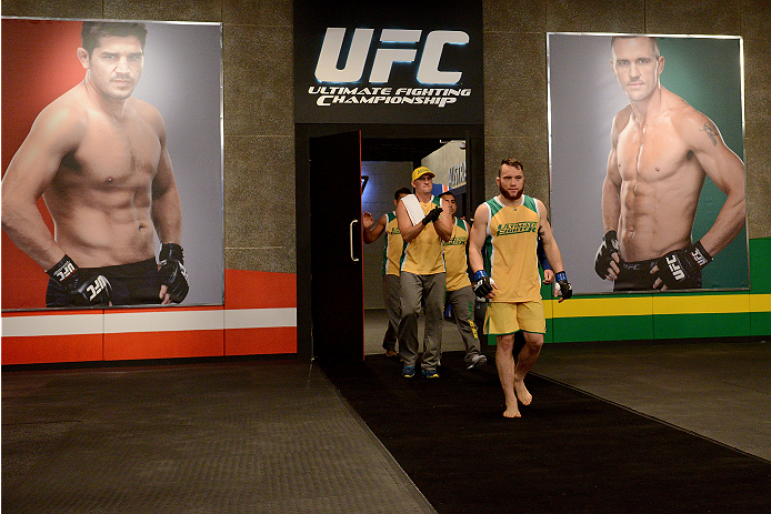 LACHUTE, CANADA - NOVEMBER 2: Team Australia fighter Brendan O'Reilly walks towards the Octagon before taking on Team Canada fighter Kajan Johnson in their welterweight bout during filming of The Ultimate Fighter Nations television series on November 2,