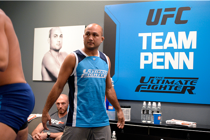 LAS VEGAS, NV - OCTOBER 24: Coach BJ Penn instructs his fighter Cathal Pendred before taking on Team Edgar fighter Hector Urbina in their preliminary fight during filming of season nineteen of The Ultimate Fighter on October 24, 2013 in Las Vegas, Nevada