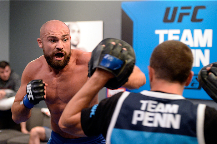 LAS VEGAS, NV - OCTOBER 24: Team Penn fighter Cathal Pendred warms up in the locker room before facing Team Edgar fighter Hector Urbina in their preliminary fight during filming of season nineteen of The Ultimate Fighter on October 24, 2013 in Las Vegas,
