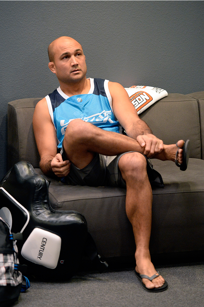 LAS VEGAS, NV - OCTOBER 24: Coach BJ Penn instructs his fighter Cathal Pendred before taking on Team Edgar fighter Hector Urbina in their preliminary fight during filming of season nineteen of The Ultimate Fighter on October 24, 2013 in Las Vegas, Nevada