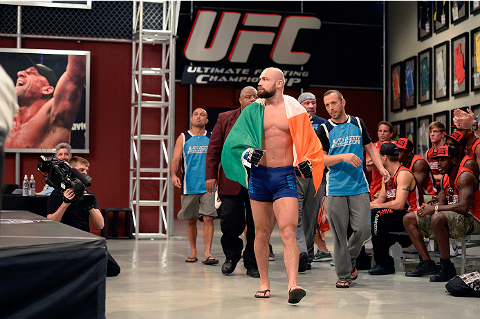 LAS VEGAS, NV - OCTOBER 24: Team Penn fighter Cathal Pendred enters the gym before facing Team Edgar fighter Hector Urbina in their preliminary fight during filming of season nineteen of The Ultimate Fighter on October 24, 2013 in Las Vegas, Nevada. (Pho