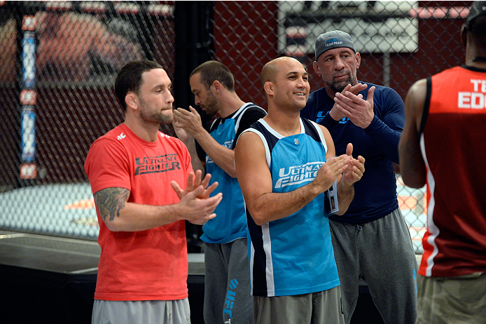 LAS VEGAS, NV - OCTOBER 24: (L-R) Coach Frankie Edgar and coach BJ Penn discuss the upcoming fight selection during filming of season nineteen of The Ultimate Fighter on October 24, 2013 in Las Vegas, Nevada. (Photo by Jeff Bottari/Zuffa LLC/Zuffa LLC vi