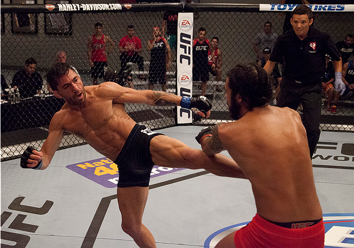 LAS VEGAS, NV - JUNE 10: Team Werdum fighter Guido Cannetti kicks team Velasquez fighter Marco Beltran in their preliminary fight during filming of The Ultimate Fighter Latin America on June 10, 2014 in Las Vegas, Nevada. (Photo by Brandon Magnus/Zuffa L