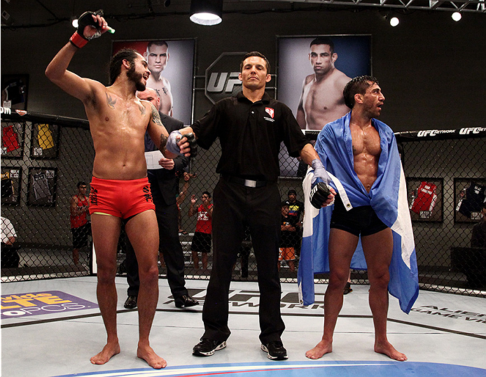LAS VEGAS, NV - JUNE 10: Team Velasquez fighter Marco Beltran celebrates his controversial victory over team Werdum fighter Guido Cannetti in their preliminary fight during filming of The Ultimate Fighter Latin America on June 10, 2014 in Las Vegas, Neva
