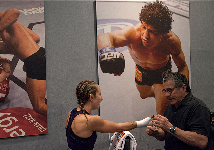 LAS VEGAS, NV - JULY 18: Team Melendez fighter Heather Jo Clark gets her hands wrapped before facing team Pettis fighter Felice Herrig during filming of season twenty of The Ultimate Fighter on July 18, 2014 in Las Vegas, Nevada. (Photo by Brandon Magnus