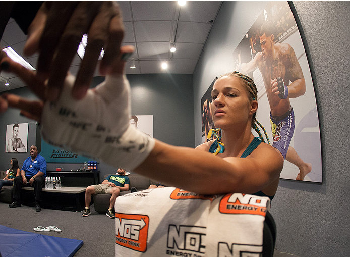 LAS VEGAS, NV - JULY 18: Team Pettis fighter Felice Herrig gets her hands wrapped before facing team Melendez fighter Heather Jo Clark during filming of season twenty of The Ultimate Fighter on July 18, 2014 in Las Vegas, Nevada. (Photo by Brandon Magnus