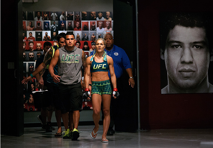 LAS VEGAS, NV - JULY 18: Team Pettis fighter Felice Herrig prepares to enter the Octagon before facing team Melendez fighter Heather Jo Clark during filming of season twenty of The Ultimate Fighter on July 18, 2014 in Las Vegas, Nevada. (Photo by Brandon