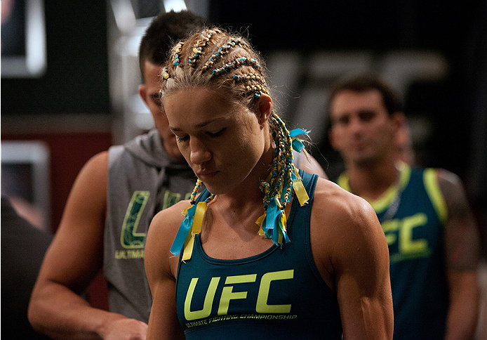 LAS VEGAS, NV - JULY 18: Team Pettis fighter Felice Herrig prepares to enter the Octagon before facing team Melendez fighter Heather Jo Clark during filming of season twenty of The Ultimate Fighter on July 18, 2014 in Las Vegas, Nevada. (Photo by Brandon