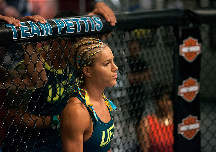 LAS VEGAS, NV - JULY 18: Team Pettis fighter Felice Herrig enters the Octagon before facing team Melendez fighter Heather Jo Clark during filming of season twenty of The Ultimate Fighter on July 18, 2014 in Las Vegas, Nevada. (Photo by Brandon Magnus/Zuf