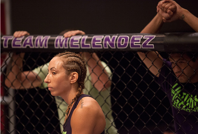 LAS VEGAS, NV - JULY 18: Team Melendez fighter Heather Jo Clark enters the Octagon before facing team Pettis fighter Felice Herrig during filming of season twenty of The Ultimate Fighter on July 18, 2014 in Las Vegas, Nevada. (Photo by Brandon Magnus/Zuf