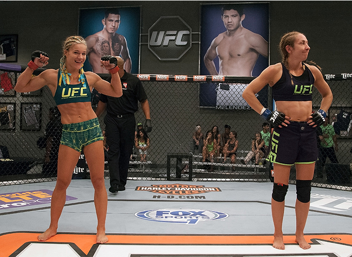 LAS VEGAS, NV - JULY 18: Team Pettis fighter Felice Herrig celebrates her submission victory over team Melendez fighter Heather Jo Clark during filming of season twenty of The Ultimate Fighter on July 18, 2014 in Las Vegas, Nevada. (Photo by Brandon Magn