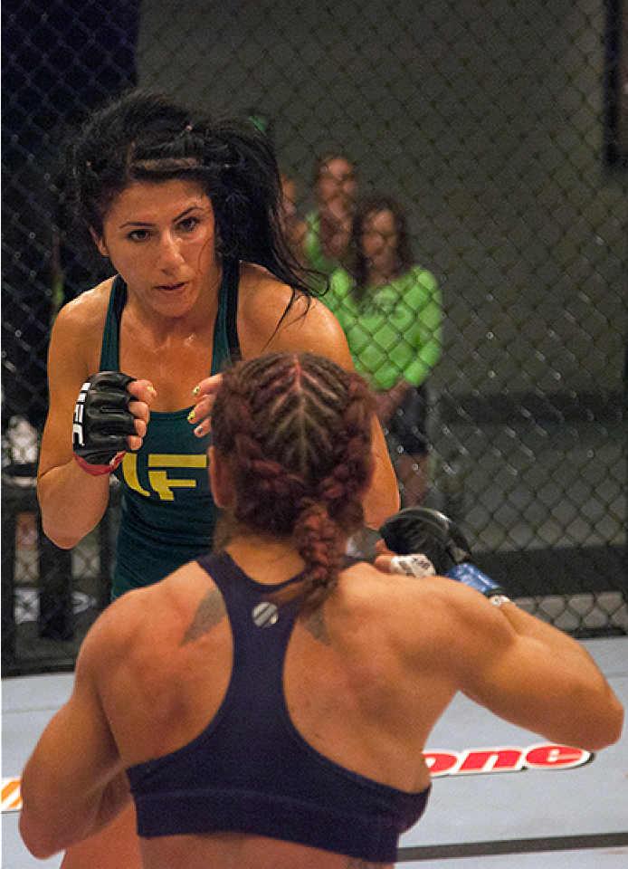LAS VEGAS, NV - JULY 8: Team Pettis fighter Randa Markos circles around team Melendez fighter Tecia Torres during filming of season twenty of The Ultimate Fighter on July 8, 2014 in Las Vegas, Nevada. (Photo by Brandon Magnus/Zuffa LLC/Zuffa LLC via Gett
