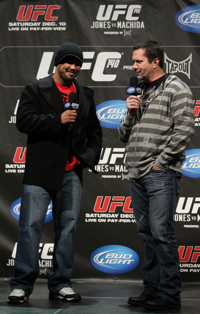 TORONTO, ON - DECEMBER 09: (L-R) UFC Middleweight contender Mark Munoz and UFC commentator Mike Goldberg interacts with fans during a Q&A session before the UFC 140 Official Weigh-in at the Air Canada Centre on December 9, 2011 in Toronto, Canada. (Phot