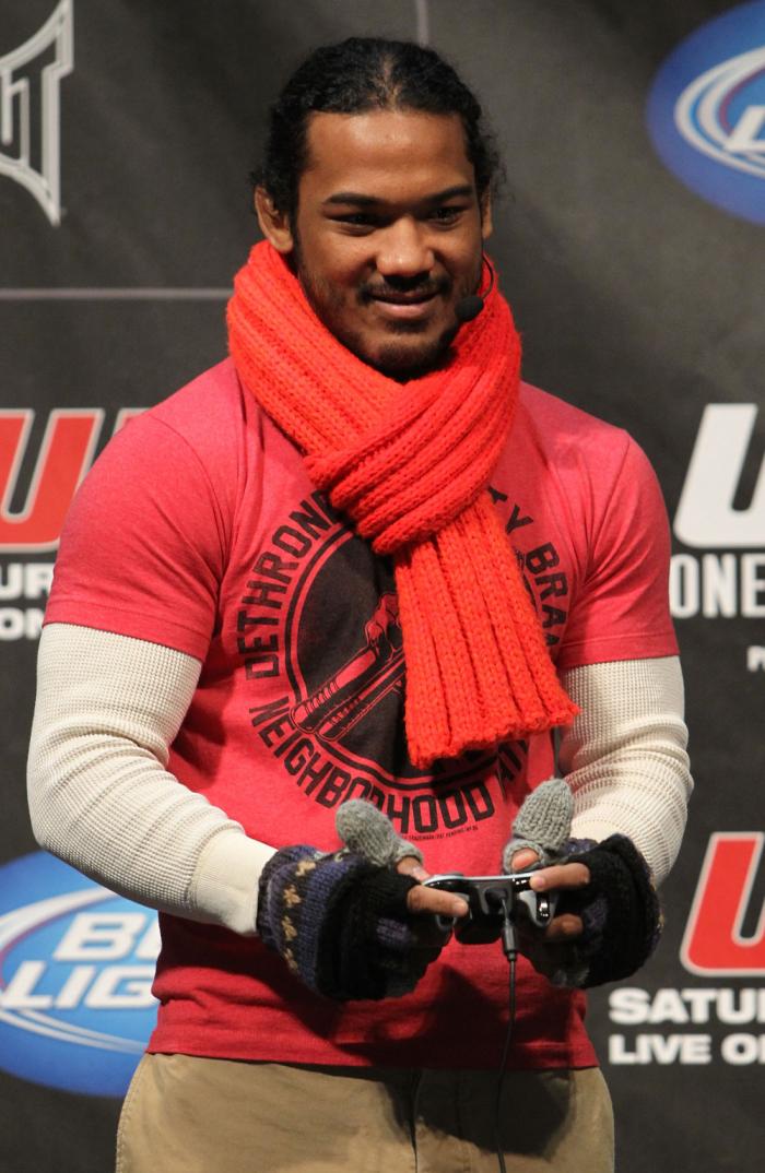 TORONTO, ON - DECEMBER 09: UFC Lightweight contender Benson Henderson battles champion Frankie Edgar on the UFC Undisputed 3 videogame before the UFC 140 Official Weigh-in at the Air Canada Centre on December 9, 2011 in Toronto, Canada. (Photo by Josh H