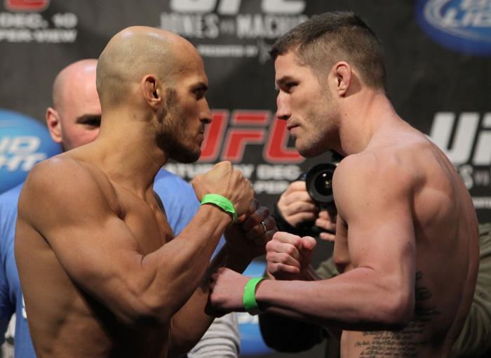 TORONTO, ON - DECEMBER 09: (L-R) Middleweight opponents Rich Attonito and Jake Hecht face off after weighing in during the UFC 140 Official Weigh-in at the Air Canada Centre on December 9, 2011 in Toronto, Canada. (Photo by Josh Hedges/Zuffa LLC/Zuffa L