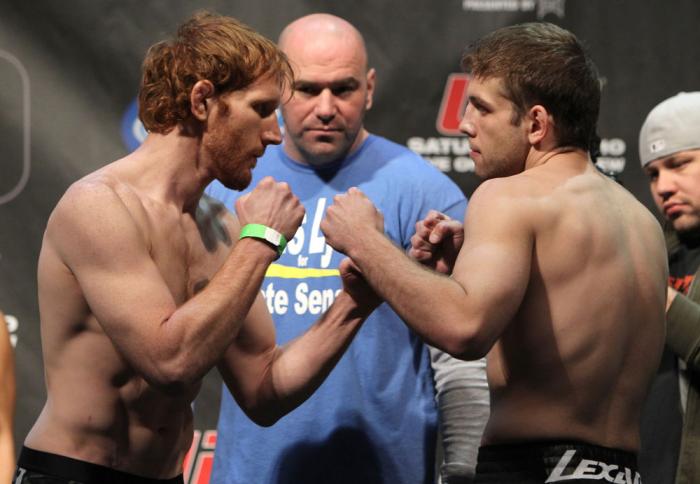TORONTO, ON - DECEMBER 09: (L-R) Lightweight opponentsMark Bocek and Nik Lentz face off after weighing in during the UFC 140 Official Weigh-in at the Air Canada Centre on December 9, 2011 in Toronto, Canada. (Photo by Josh Hedges/Zuffa LLC/Zuffa LLC via