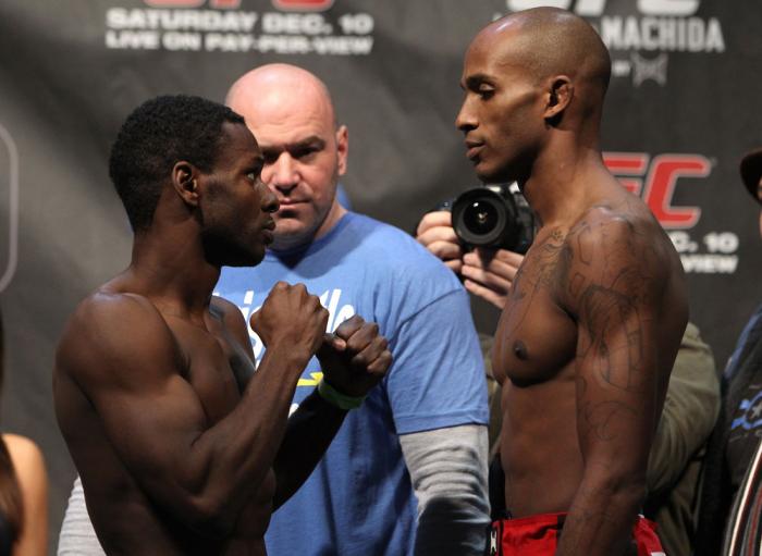 TORONTO, ON - DECEMBER 09: (L-R) Bantamweight opponents Yves Jabouin and Walel Watson face off after weighing in during the UFC 140 Official Weigh-in at the Air Canada Centre on December 9, 2011 in Toronto, Canada. (Photo by Josh Hedges/Zuffa LLC/Zuffa