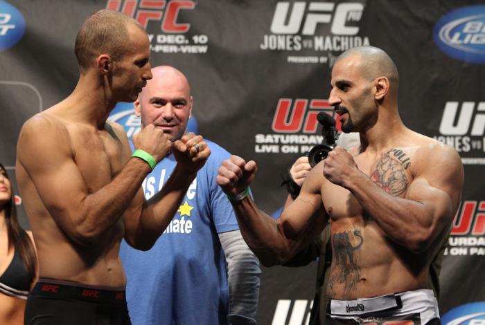 TORONTO, ON - DECEMBER 09: (L-R) Middleweight opponents Jared Hamman and Constantinos Philippou face off after weighing in during the UFC 140 Official Weigh-in at the Air Canada Centre on December 9, 2011 in Toronto, Canada. (Photo by Josh Hedges/Zuffa