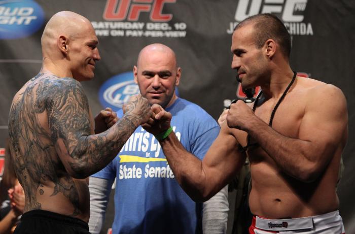 TORONTO, ON - DECEMBER 09: (L-R) Light Heavyweight opponents Krzysztof Soszynski and Igor Pokrajac face off after weighing in during the UFC 140 Official Weigh-in at the Air Canada Centre on December 9, 2011 in Toronto, Canada. (Photo by Josh Hedges/Zuf