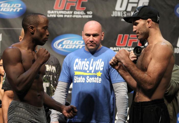 TORONTO, ON - DECEMBER 09: (L-R) Welterweight opponents Claude Patrick and Brian Ebersole face off after weighing in during the UFC 140 Official Weigh-in at the Air Canada Centre on December 9, 2011 in Toronto, Canada. (Photo by Josh Hedges/Zuffa LLC/Zu