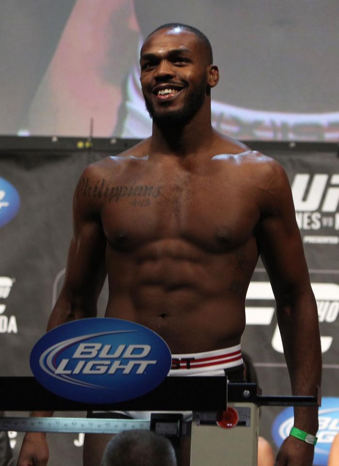 TORONTO, ON - DECEMBER 09: UFC Light Heavyweight Champion Jon "Bones" Jones weighs in during the UFC 140 Official Weigh-in at the Air Canada Centre on December 9, 2011 in Toronto, Canada. (Photo by Josh Hedges/Zuffa LLC/Zuffa LLC via Getty Images)