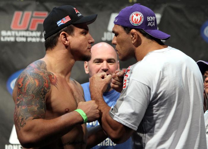 TORONTO, ON - DECEMBER 09: (L-R) Heavyweight opponents Frank Mir and Antonio Rodrigo "Minotauro" Nogueira face off after weighing in during the UFC 140 Official Weigh-in at the Air Canada Centre on December 9, 2011 in Toronto, Canada. (Photo by Josh Hed