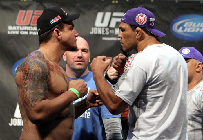 TORONTO, ON - DECEMBER 09: (L-R) Heavyweight opponents Frank Mir and Antonio Rodrigo "Minotauro" Nogueira face off after weighing in during the UFC 140 Official Weigh-in at the Air Canada Centre on December 9, 2011 in Toronto, Canada. (Photo by Josh Hed