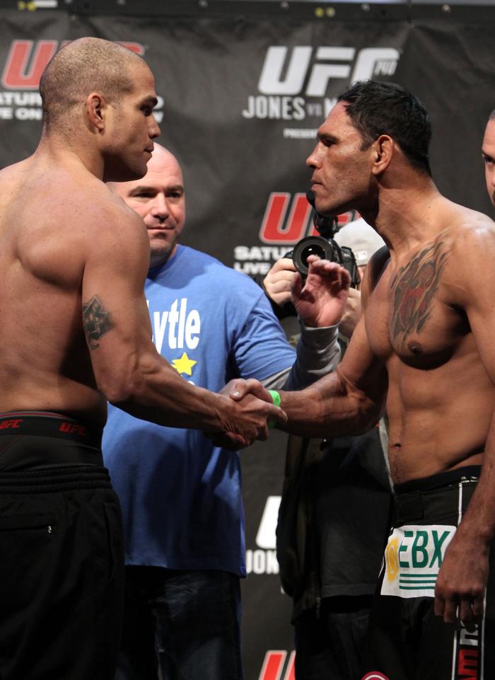 TORONTO, ON - DECEMBER 09: (L-R) Light Heavyweight opponents Tito Ortiz and Antonio Rogerio "Minotoro" Nogueira face off after weighing in during the UFC 140 Official Weigh-in at the Air Canada Centre on December 9, 2011 in Toronto, Canada. (Photo by Jo
