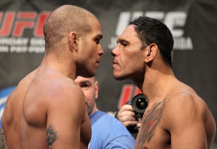 TORONTO, ON - DECEMBER 09: (L-R) Light Heavyweight opponents Tito Ortiz and Antonio Rogerio "Minotoro" Nogueira face off after weighing in during the UFC 140 Official Weigh-in at the Air Canada Centre on December 9, 2011 in Toronto, Canada. (Photo by Jo