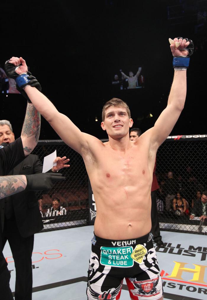 LAS VEGAS, NV - FEBRUARY 04: Stephen Thompson is declared the winner in his fight with Dan Stittgen during the UFC 143 event at Mandalay Bay Events Center on February 4, 2012 in Las Vegas, Nevada. (Photo by Nick Laham/Zuffa LLC/Zuffa LLC via Getty Image