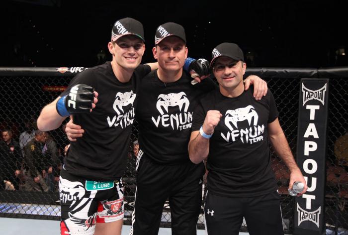LAS VEGAS, NV - FEBRUARY 04: Stephen Thompson (left) celebrates his victory over Dan Stittgen during the UFC 143 event at Mandalay Bay Events Center on February 4, 2012 in Las Vegas, Nevada. (Photo by Nick Laham/Zuffa LLC/Zuffa LLC via Getty Images) ***