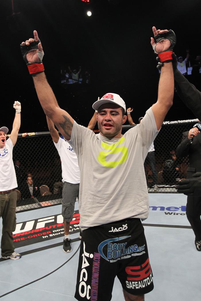 LAS VEGAS, NV - FEBRUARY 04: Rafael Natal is declared the winner in his fight against Michael Kuiper during the UFC 143 event at Mandalay Bay Events Center on February 4, 2012 in Las Vegas, Nevada. (Photo by Nick Laham/Zuffa LLC/Zuffa LLC via Getty Imag