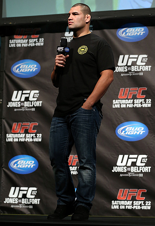 TORONTO, CANADA - SEPTEMBER 21: Cain Velasquez interacts with fans during a Q&A session before the UFC 152 weigh in at Mattamy Athletic Centre at the Gardens on September 21, 2012 in Toronto, Ontario, Canada. (Photo by Josh Hedges/Zuffa LLC/Zuffa LLC v