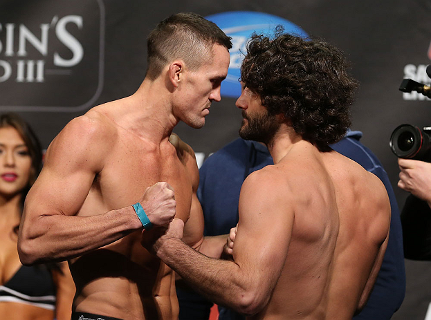 TORONTO, CANADA - SEPTEMBER 21: (L-R) Opponents Kyle Noke and Charlie Brenneman face off during the UFC 152 weigh in at Mattamy Athletic Centre at the Gardens on September 21, 2012 in Toronto, Ontario, Canada. (Photo by Josh Hedges/Zuffa LLC/Zuffa LLC via