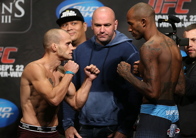 TORONTO, CANADA - SEPTEMBER 21: (L-R) Opponents Mitch Gagnon and Walel Watson face off during the UFC 152 weigh in at Mattamy Athletic Centre at the Gardens on September 21, 2012 in Toronto, Ontario, Canada. (Photo by Josh Hedges/Zuffa LLC/Zuffa LLC via G