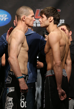 TORONTO, CANADA - SEPTEMBER 21: (L-R) Opponents Seth Baczynski and Simeon Thoresen face off during the UFC 152 weigh in at Mattamy Athletic Centre at the Gardens on September 21, 2012 in Toronto, Ontario, Canada. (Photo by Josh Hedges/Zuffa LLC/Zuffa LLC