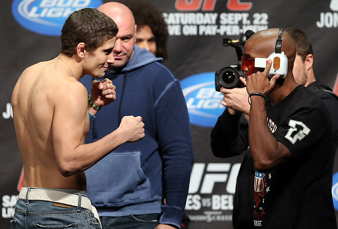 TORONTO, CANADA - SEPTEMBER 21: (L-R) Opponents Jimy Hettes and Marcus Brimage face off during the UFC 152 weigh in at Mattamy Athletic Centre at the Gardens on September 21, 2012 in Toronto, Ontario, Canada. (Photo by Josh Hedges/Zuffa LLC/Zuffa LLC via