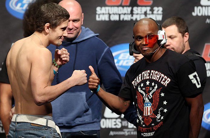 TORONTO, CANADA - SEPTEMBER 21: (L-R) Opponents Jimy Hettes and Marcus Brimage face off during the UFC 152 weigh in at Mattamy Athletic Centre at the Gardens on September 21, 2012 in Toronto, Ontario, Canada. (Photo by Josh Hedges/Zuffa LLC/Zuffa LLC via