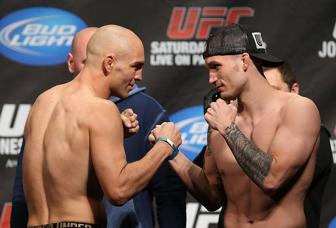 TORONTO, CANADA - SEPTEMBER 21: (L-R) Opponents Sean Pierson and Lance Benoist face off during the UFC 152 weigh in at Mattamy Athletic Centre at the Gardens on September 21, 2012 in Toronto, Ontario, Canada. (Photo by Josh Hedges/Zuffa LLC/Zuffa LLC via