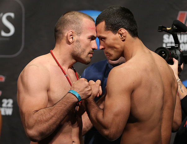 TORONTO, CANADA - SEPTEMBER 21: (L-R) Opponents Igor Pokrajac and Vinny Magalhaes face off during the UFC 152 weigh in at Mattamy Athletic Centre at the Gardens on September 21, 2012 in Toronto, Ontario, Canada. (Photo by Josh Hedges/Zuffa LLC/Zuffa LLC v