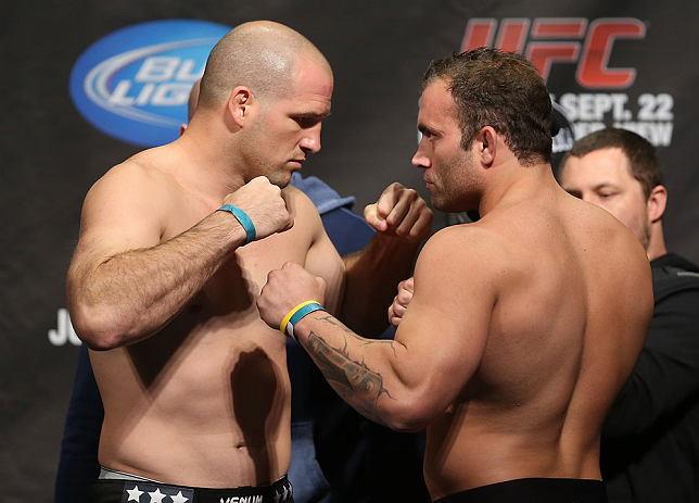 TORONTO, CANADA - SEPTEMBER 21: (L-R) Opponents Matt Hamill and Roger Hollett face off during the UFC 152 weigh in at Mattamy Athletic Centre at the Gardens on September 21, 2012 in Toronto, Ontario, Canada. (Photo by Josh Hedges/Zuffa LLC/Zuffa LLC via G