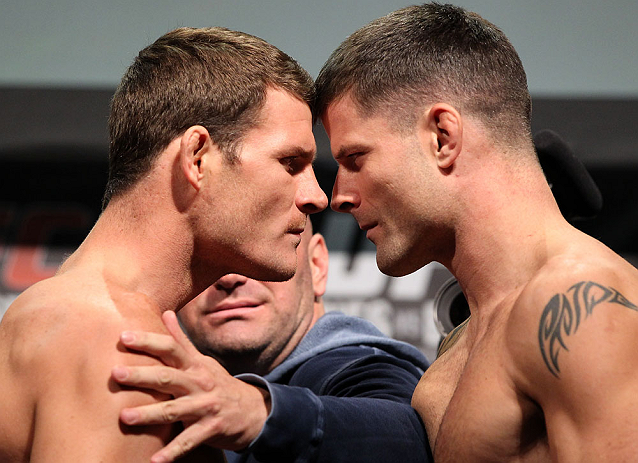 TORONTO, CANADA - SEPTEMBER 21: (L-R) Opponents Michael Bisping and Brian Stann face off during the UFC 152 weigh in at Mattamy Athletic Centre at the Gardens on September 21, 2012 in Toronto, Ontario, Canada. (Photo by Mike Roach/Zuffa LLC/Zuffa LLC via